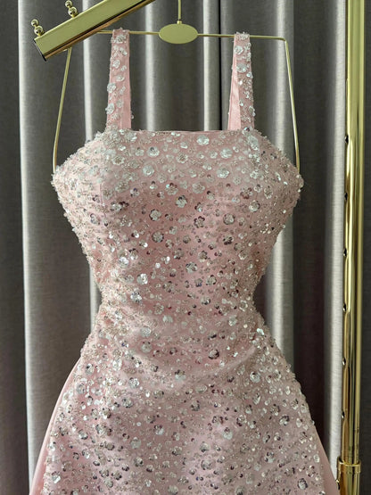 Ofherown Spaghetti Strap Pink Sequins Beaded Evening Dress Satin Train Long Prom Gown Wedding Party Formal Dress