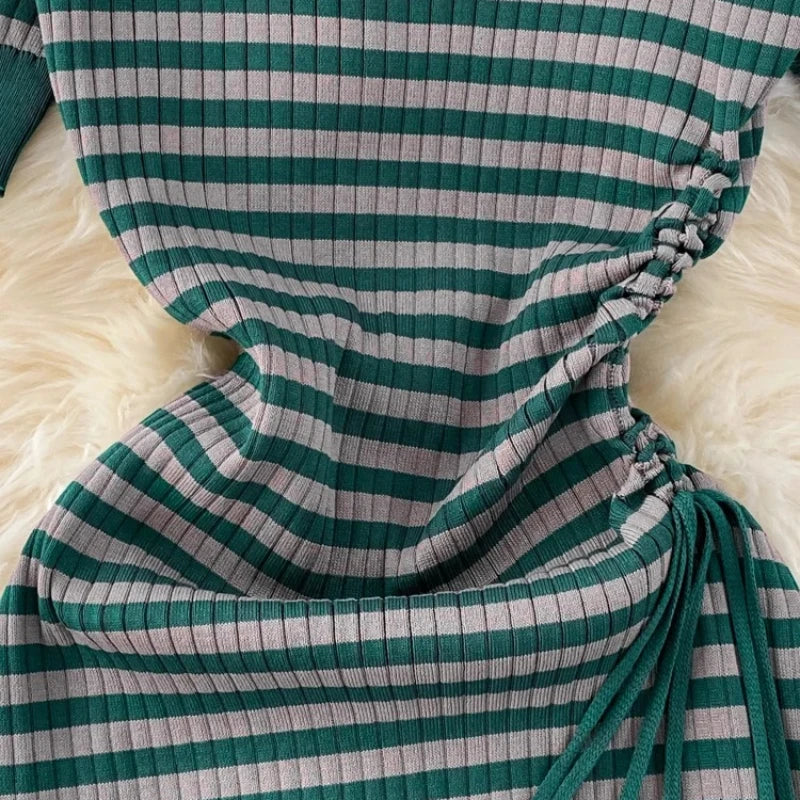 Women's Green Striped Crew Neck Short Sleeve Self-Tie Sundress Stretchy Knit Bodycon Maxi Dress Casual Summer Daily...