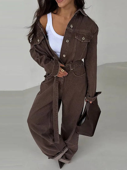 Chic Denim Women's Jumpsuit Turn-Down Collar Lace Up Full Sleeve Lady Long Jumpsuits 2026 Spring Casual Female Streetwear - Kimlud