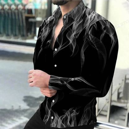 Multicoloured Flame Print Men's Turn-down Collar Button Shirt Casual Long Sleeve Shirt Fashion Streetwear Trend Tops Men Clothes - Kimlud