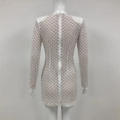 Luxury White Pearls Bow Women Prom Dress Full Sleeves Party Gown Skirt Short Mini Sheath Evening Gown Hot Girl Formal...
