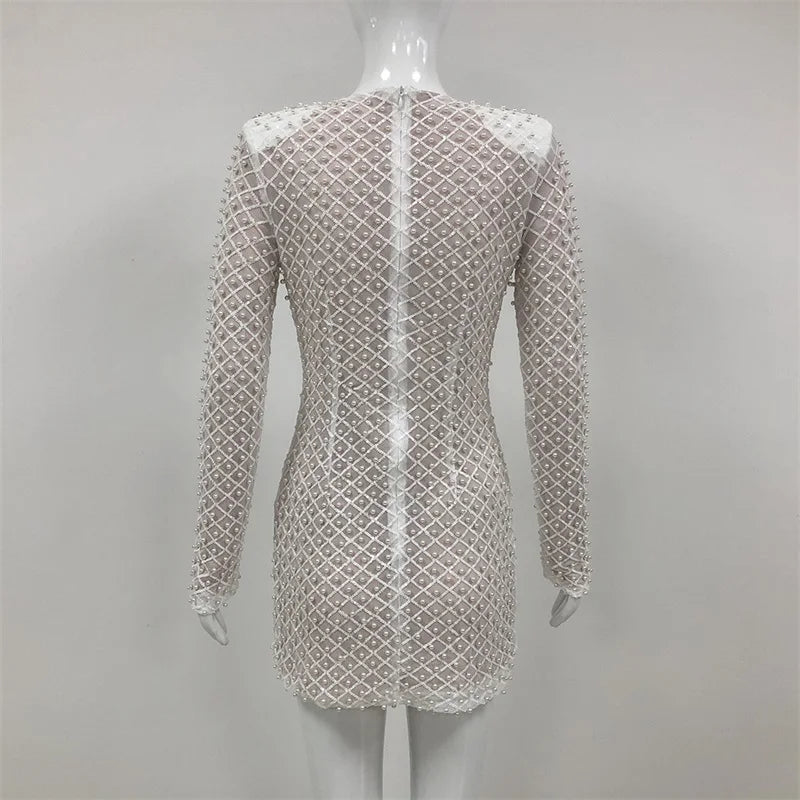 Luxury White Pearls Bow Women Prom Dress Full Sleeves Party Gown Skirt Short Mini Sheath Evening Gown Hot Girl Formal...