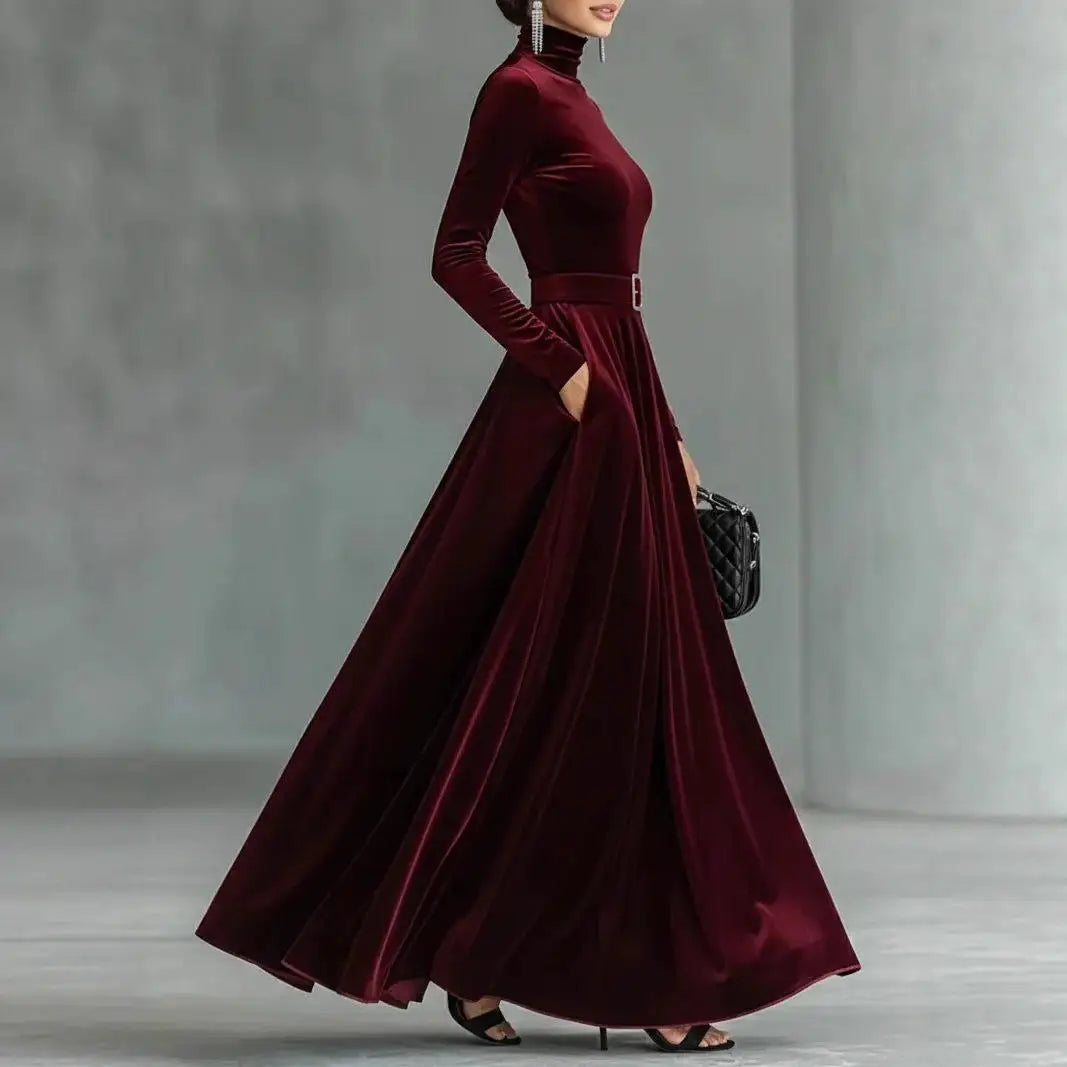 Velvet High Collar Base Dr Evening Gown mid Waist Long Skirt Ci Commute Sle Autumn Season Women's Faion Single Piece |...