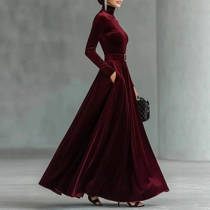 Velvet High Collar Base Dr Evening Gown mid Waist Long Skirt Ci Commute Sle Autumn Season Women's Faion Single Piece |...