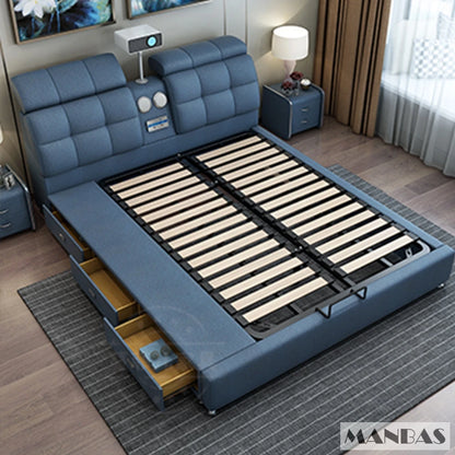 Linlamlim Ultimate Tech Smart Bed - Multifunctional Bedframe with Genuine Leather and Bluetooth Speaker, Drawers,...