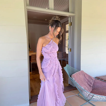 Ruffles Tiered Pleated Maxi Dress Women Summer Fashion A Line Backless Halter Sexy Dresses Gown Elegant Evening Long Party Dress