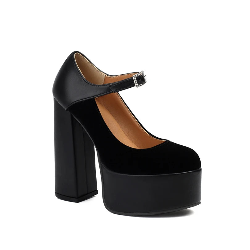 2024 Matte Flock Splice PU Shallow Mouth Hollow Breathable Waterproof Platform Ultra High Thick Heel Ankle Buckle Women's Pumps