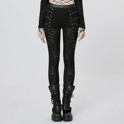 PUNK RAVE Women's Gothic Decayed Slim-fit Leggings Punk Meta Eyelets Webbing Personality Thin Black Pants Spring/summer