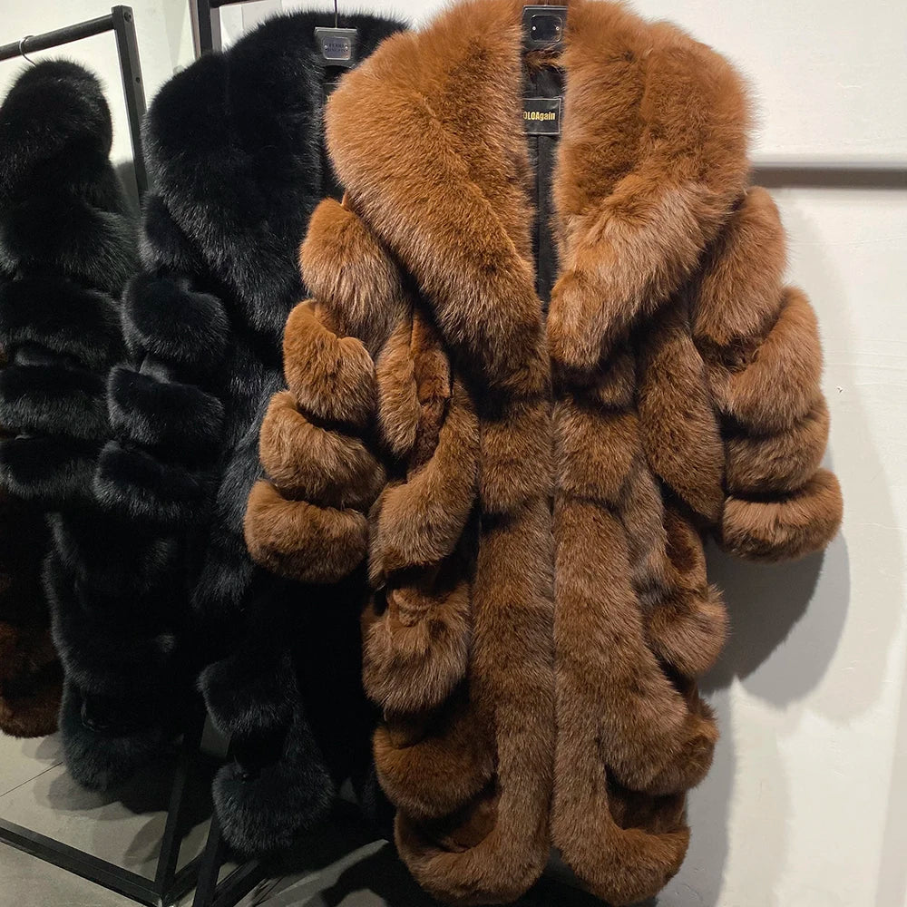 YOLOAgain 2025 Winter Warm Luxury Real Fox Fur Coat Women Pink Fox Fur Jacket Long