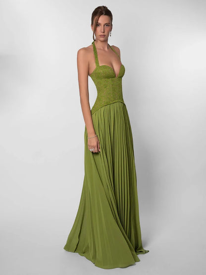 Sexy Halter Neck Lace Corset Pleated Maxi Dress Women Green Sleeveless Backless Lace-up A-line Long Dresses Evening...