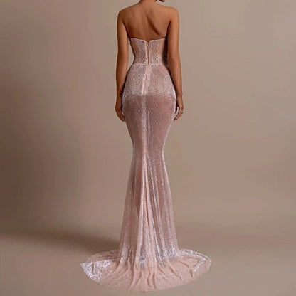 Ofherown Silver Sequin Cutout Evening Dress Strapless Beaded Mesh Mermaid Floor Length Formal Prom Gown Red Carpet Custom Made