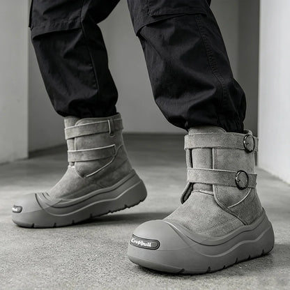 Men's Thick-Soled Snow Boots, Winter Fleece-Lined Warm Outdoor Anti-Slip Snow Boots, Double Buckle Ring Design, Motorcycle Style Short Boots, Trendy Versatile Casual Cotton Boots