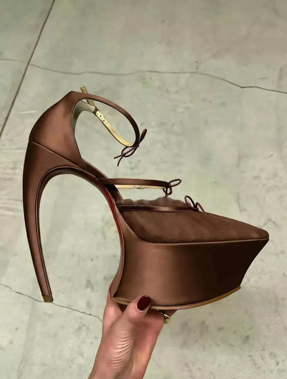 2026 Spring/Summer New Fashion Runway Satin Pink Ribbon Pointed-Toe Platform Stiletto Heel Ballet Bow High-Heeled Pump...