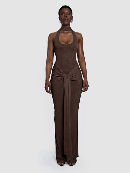 Sexy Backless Folds Long Dress with Ribbon Women Brown Halter Sleeveless Sparkly Draped Bodycon Celebrity Evening Party Gowns