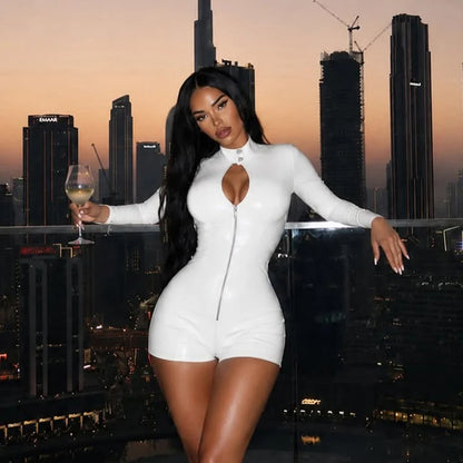 Solid color PU leather stand up collar long sleeved zipper sexy spicy girl jumpsuit shorts - Kimlud