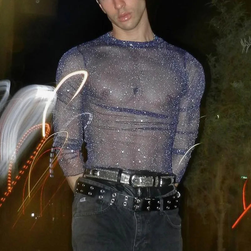 Sexy Men's Slim Stretch Mesh Crop T-shirt Purple Bling See Through Sex O-neck Top Shirts Live Show Dance Nightclub Party - Kimlud