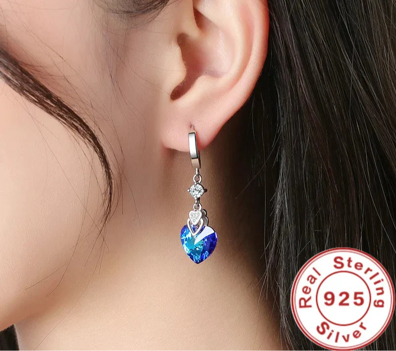 925 Sterling Silver Earrings Blue Crystal Heart-Shaped Zircon Earrings For A Woman'S Engagement Charm Jewelry Gift