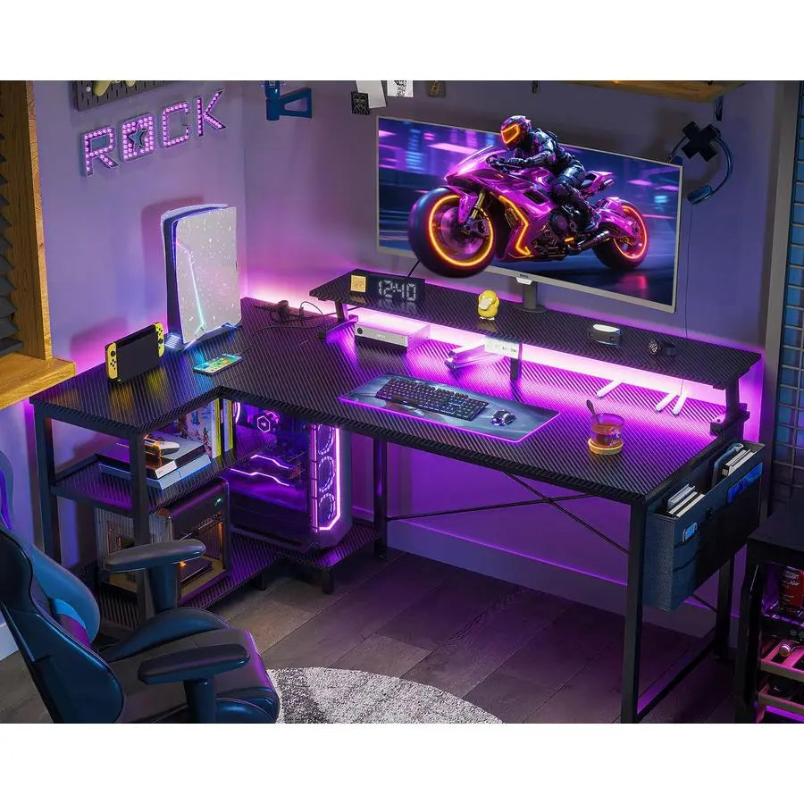 48 Inch Gaming Desk with USB Charging Ports and LED Lights, Reversible L Shaped Computer Desk with Storage Shelves amp Monitor