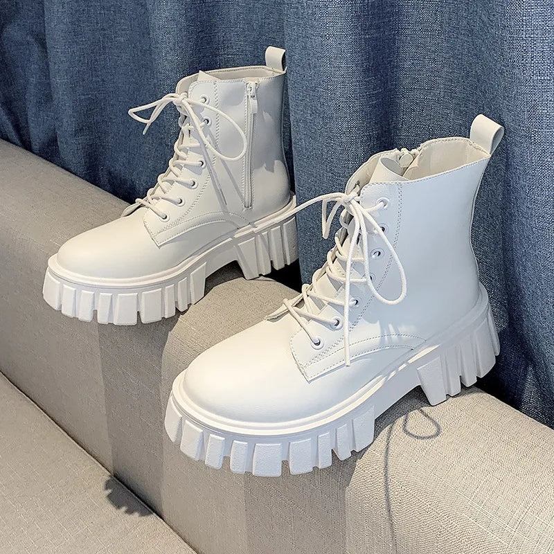 2022 New Women White Ankle Boots PU Leather Thick Sole Lace Up Combat Booties Female Autumn Winter Platform Shoes Woman