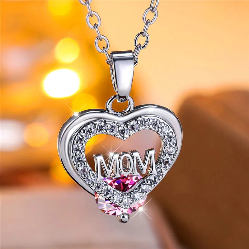 Crystal Luxury White Zircon Stone Heart Mom Letter Pendant Necklace Vintage Wedding Jewelry For Women Mother's Day Gift...