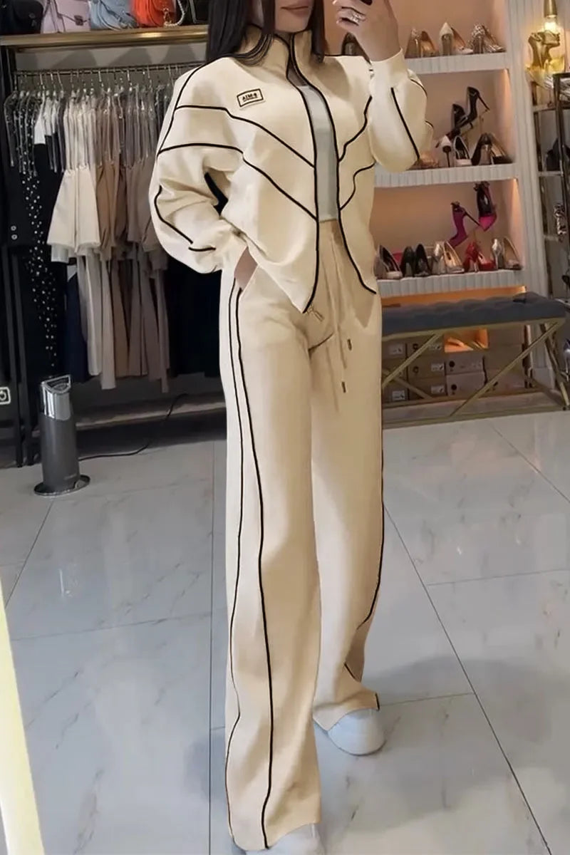 Women Fashion Elastic Waist Lace-up Solid Sport Outfits Casual Long Sleeve Loose 2Pc Set Elegant Zip Sweatshirt & Long Pant Suit - Kimlud