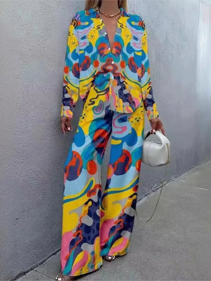 Spring Autumn New In Print Pant Sets Women 2024 Fashion Long Sleeve Shirts Wide Leg Trousers Two Piece Sets Trendy Streetwear