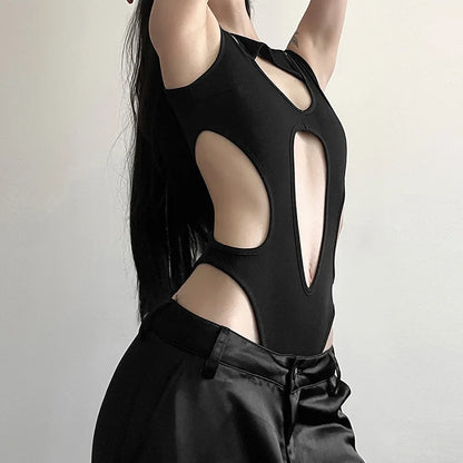 Mall Gothic Hollow Out Sexy Bodysuits Techwear Fashion Y2k Patchwork Tops Women Grunge Backless High Cut Slim Bodysuit
