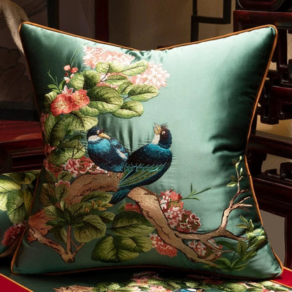 Luxurious Embroidered Silk-like 2 Magpies Square Home Sofa Decorative Pillow Case 3 Colors No Insert 18x18" 1 Piece Pack - Kimlud