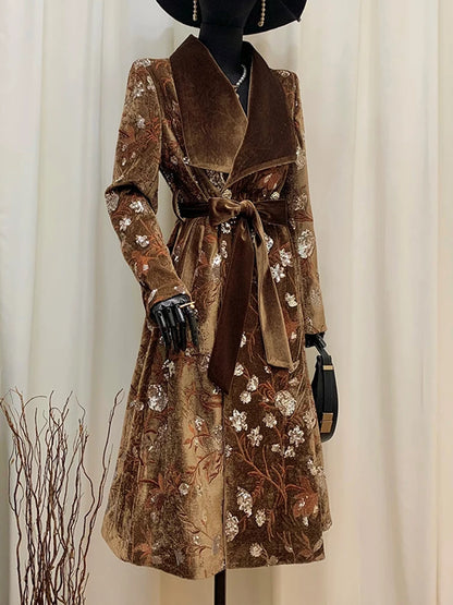 YERMORA Brown Sequins Embroidery Belt Elegant Trench For Women Lapel Long Sleeve Loose New Windbreaker Fashion Autumn Winter