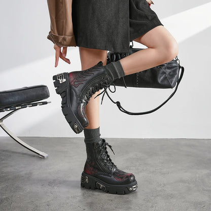 2025 New Punk Women Platform Ankle Boots Female's Rock Round Toe Lace Up Fashion Retro Chunky Shoes Metal Decor Short Boots