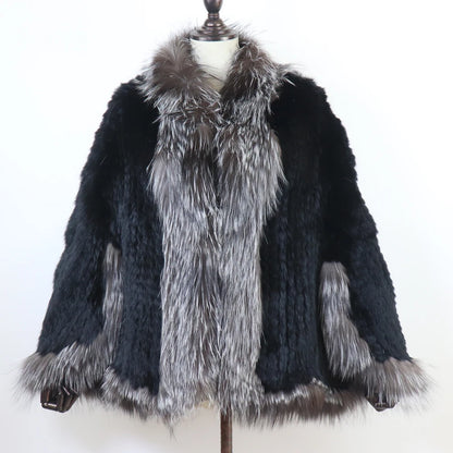 Hot Women Knitted 100% Real Rabbit Fur Shawl Winter Warm Genuine Rabbit Fur Pashmina Coat With Fox Fur Collar For Female...
