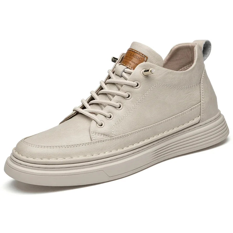 Italian Brand Men's Genuine Leather Casual Shoes Fashionable Beige Men's Hiking Shoes Camping High Top Shoes Big Size：36-47