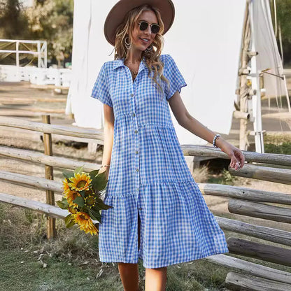 2026 Women's Checkered Short-Sleeve Shirtdress Single-breasted Button-down Short-sleeved Dress Casual Country-style Long...