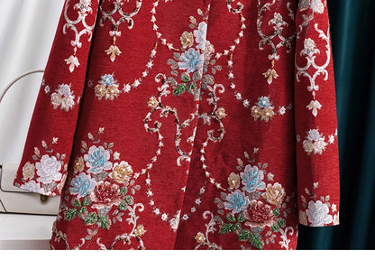 Women Red Embroidered Beaded Jacket Floral Longline Coat Round Neck 3/4 Sleeve Loose Casual Vintage Outerwear Top |...