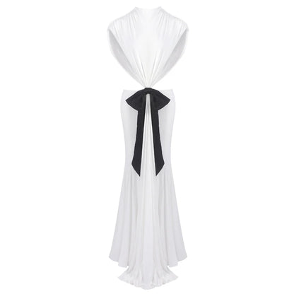 VC Stylish Chic White Halter Sleeveless Backless Cutout with Bow Detail Maxi Dress Evening Gown
