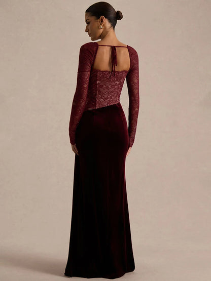 Mozision Lace Velvet Square-Neck Sexy Maxi Dress Women Elegant See Through Long Sleeve Backless Split Club Party Long...