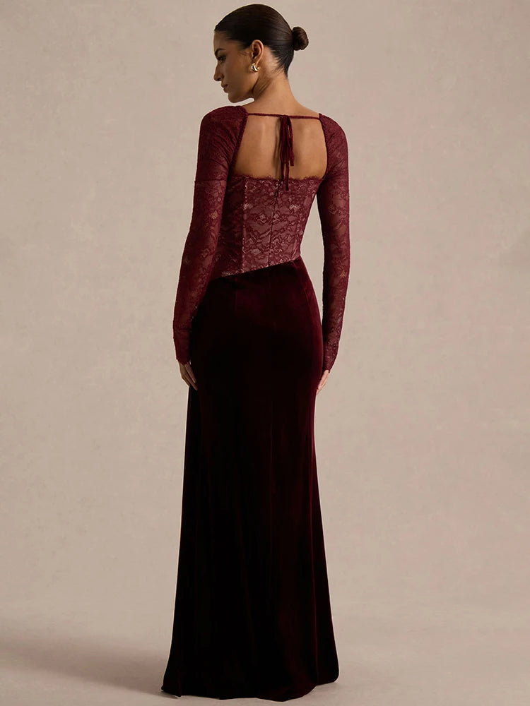 Mozision Lace Velvet Square-Neck Sexy Maxi Dress Women Elegant See Through Long Sleeve Backless Split Club Party Long...