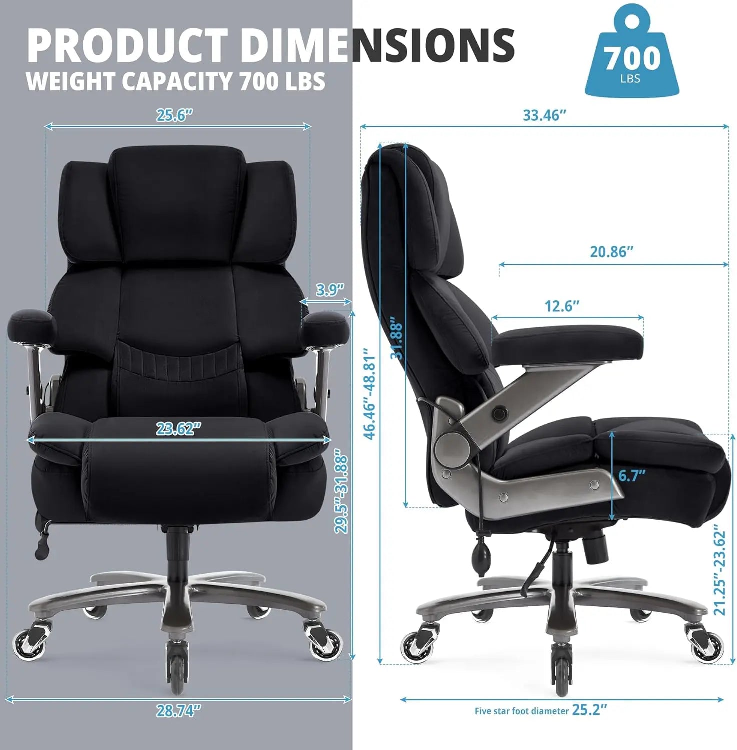 Big & Tall Office Chair 700lbs, High Back Executive Cloth Chair with Adjustable Lumbar Support, 3D Arms, Plus Size Rubber Wheels