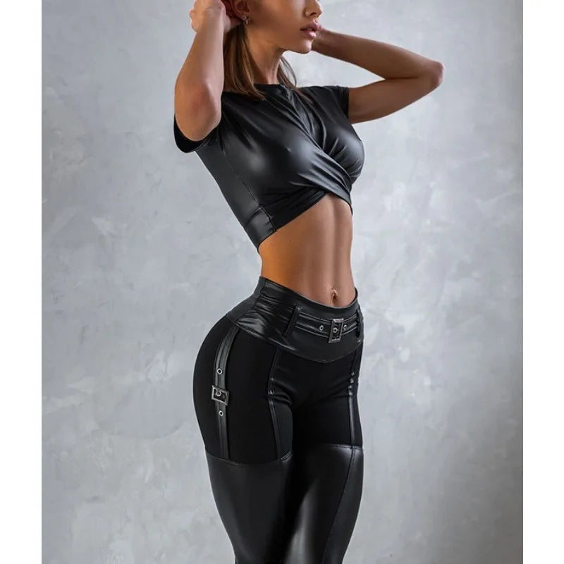 Krisnanas 2 Piece Sporty Sets for Woman 2025 Leather Shorts Tops-skinny Pants Fashionable Workout Gym New in Matching Set 102395