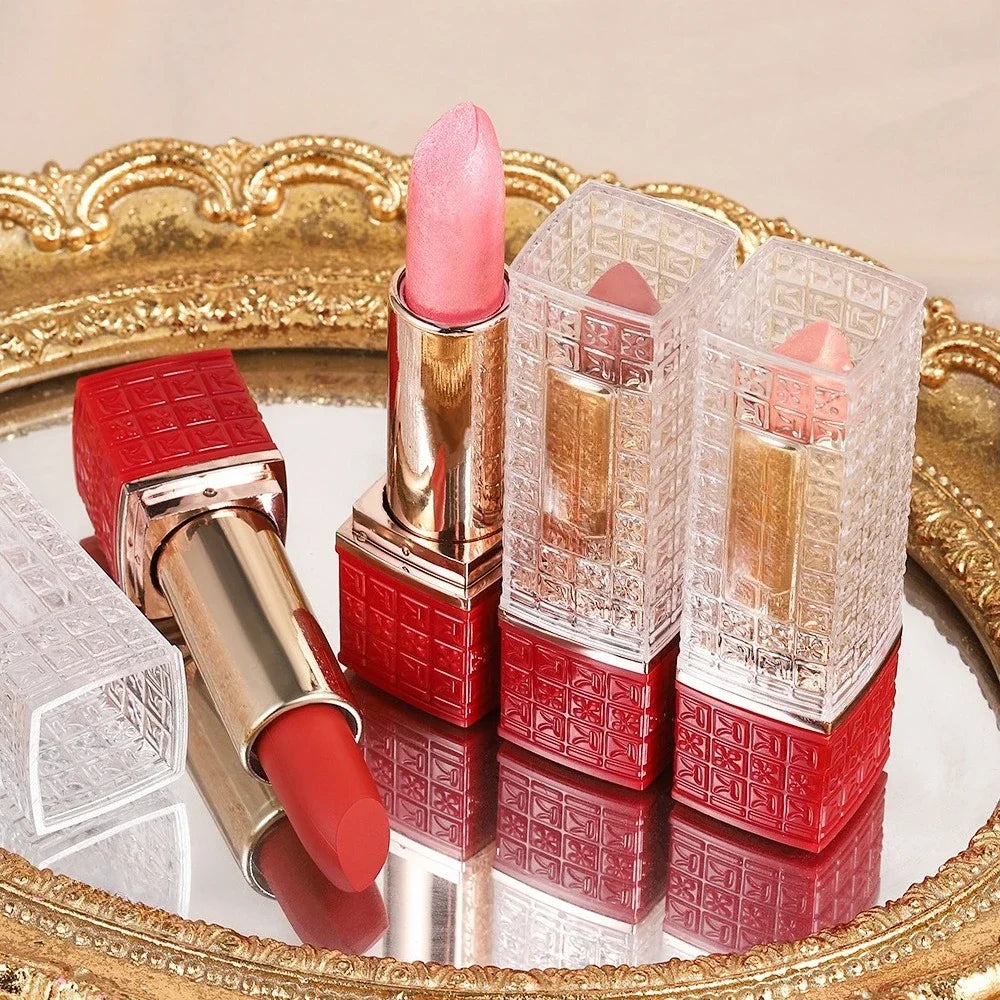 Rose Metallic Lipstick Glitter Lip Glaze Waterproof Long Lasting Moisturize Bright Red Pearlescent Shiny Lipgloss Makeup 6color