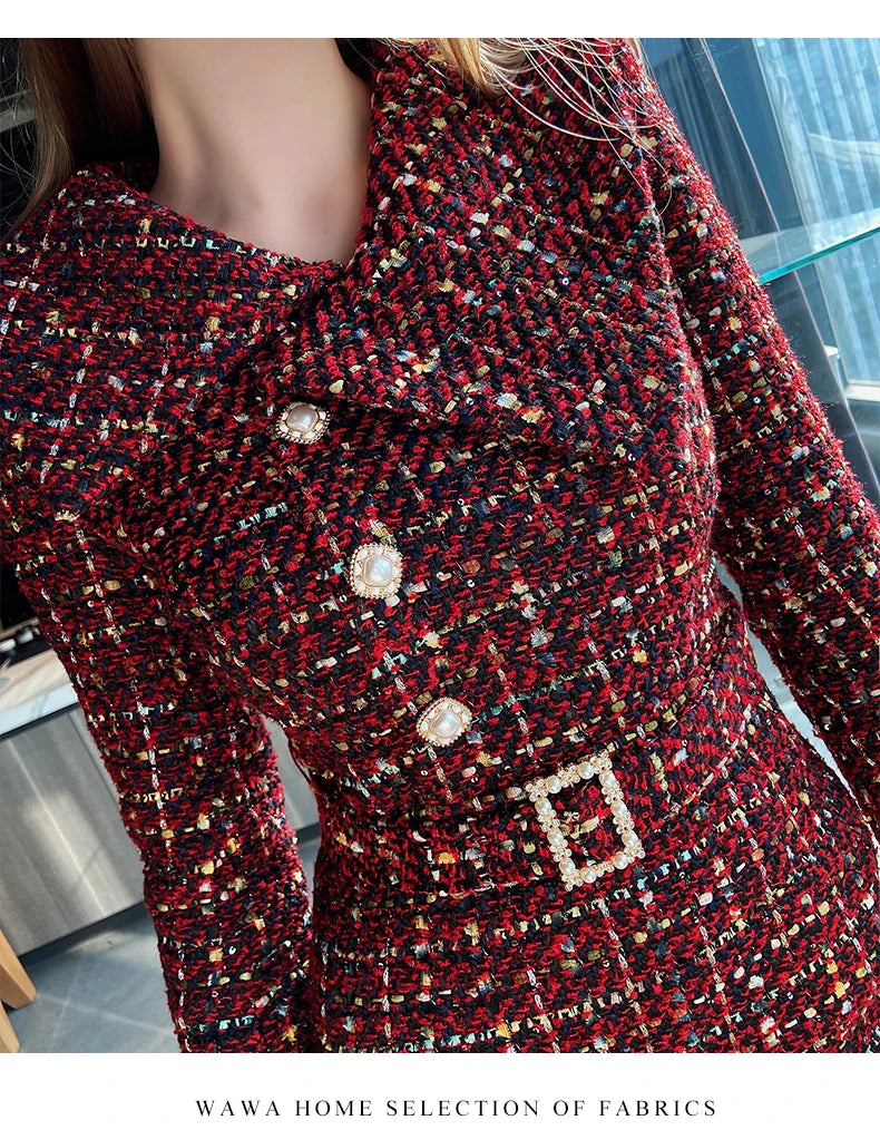 Elegant Retro Tweed Asymmetric Large Lapel Slimming Dress Women's Autumn Winter High-Grade Long Sleeve Mid-length Dress...