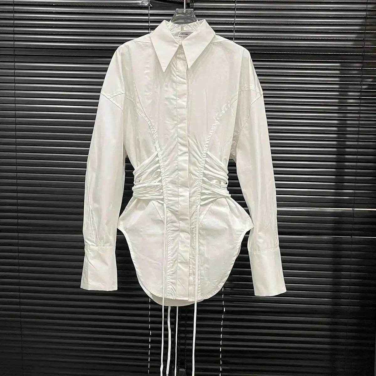 DEAT Fashion Women's Waist Strap Shirt For Women Niche Design Solid Color Long Sleeve Shirt Top Female 2024 Autumn New 11A01701