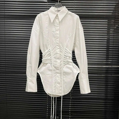 DEAT Fashion Women's Waist Strap Shirt For Women Niche Design Solid Color Long Sleeve Shirt Top Female 2024 Autumn New 11A01701
