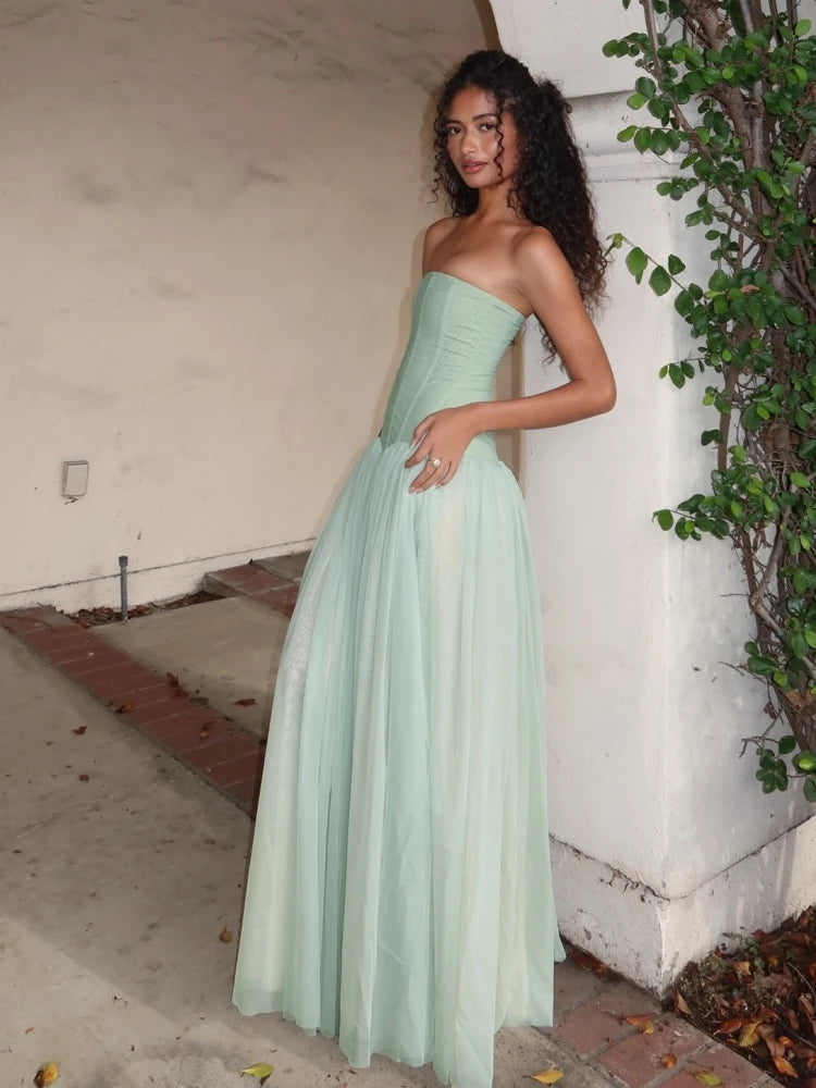 Sexy Sleeveless Mesh Patchwork Long Dress Women Light Green Strapless Slim A Line Dresses Celebrity Evening Club Party...