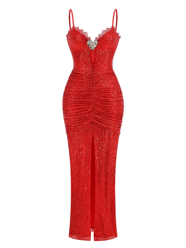Sexy Sleeeelsss Spaghetti Strap Hollow Out Lace Patchwork Long Dress Women Elegant Sequined Ruched Split Evening Party...