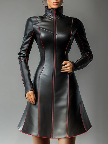 Women Pleated A-Line PU Leather Dress Long Sleeve Grunge Vintage Casual High Street Turtleneck Long Sleeve Mini Dresses 2025