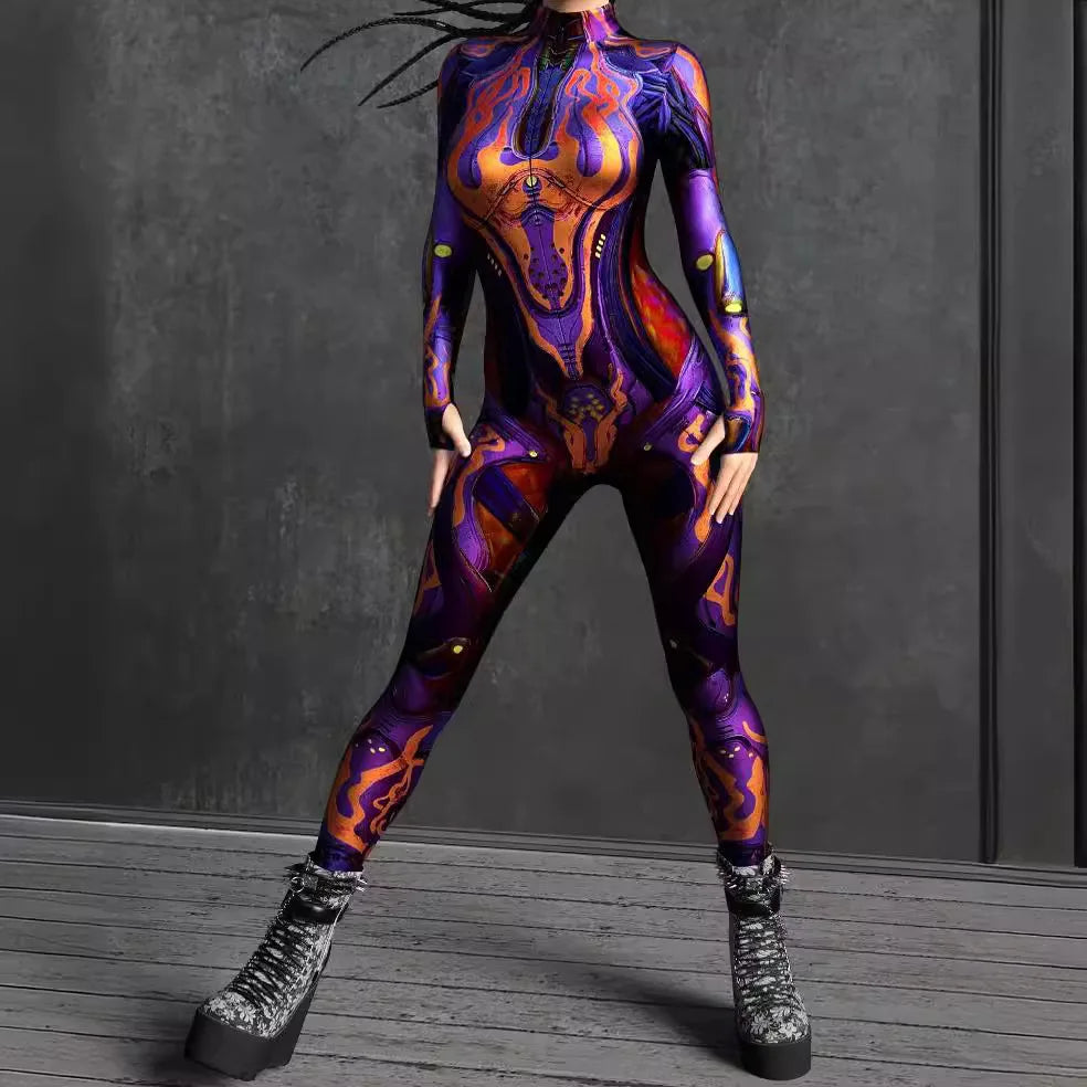Women Cyber Armor 3D Printing Bodysuit Halloween Carnival Punk Cosplay Zentai Suit Festival Jumpsuit Party Morphsuit Rave Outfit - Kimlud