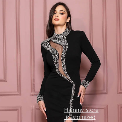 Sexy Black Mermaid Prom Dress Customized Crystal Party Gown Long Sleeves High Neck Split Dubai Evening Dresses for Woman