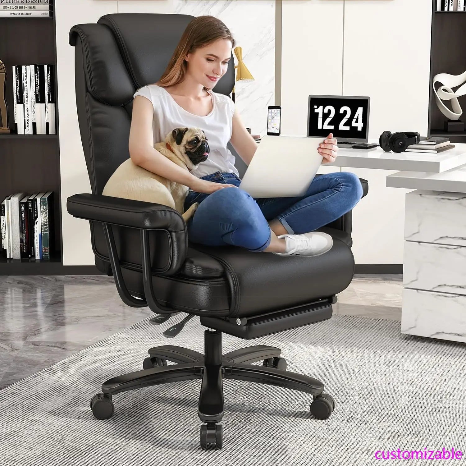 Big and Tall Office Chair 400LBS, 160° High Back Reclining Office Desk Chair with Wide Seat, Arms, Footrest, Black - Kimlud