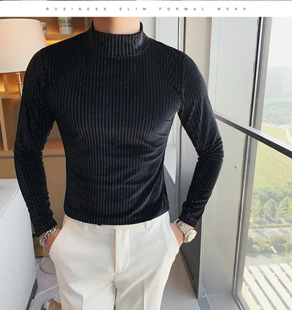 New Gold Velvet T Shirt Men Clothing Fashion Trend Male Luxury Prom Party Long-sleeved Striped Pullover Tops Homme - Kimlud